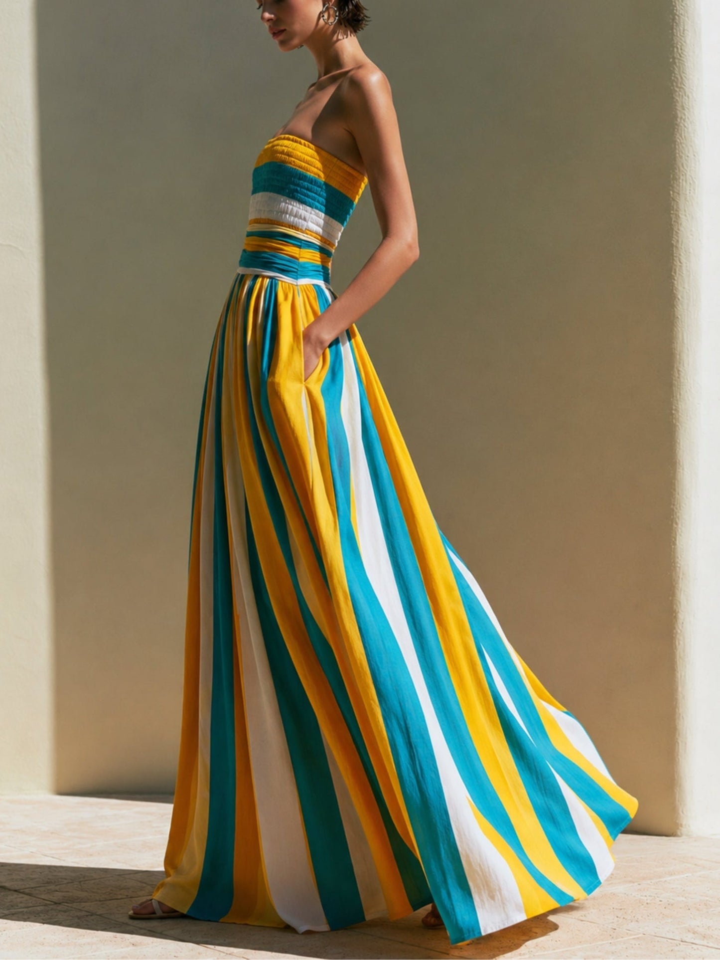 Yellow Striped Strapless Maxi Dress
