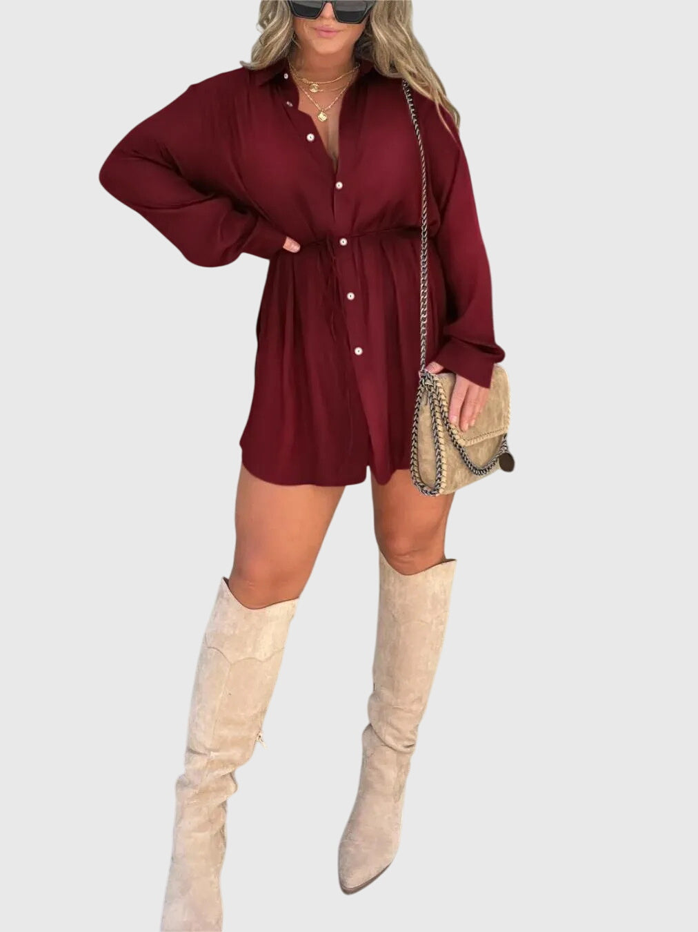Effortless Red Shirt Dress for Women with Collared Neck Style