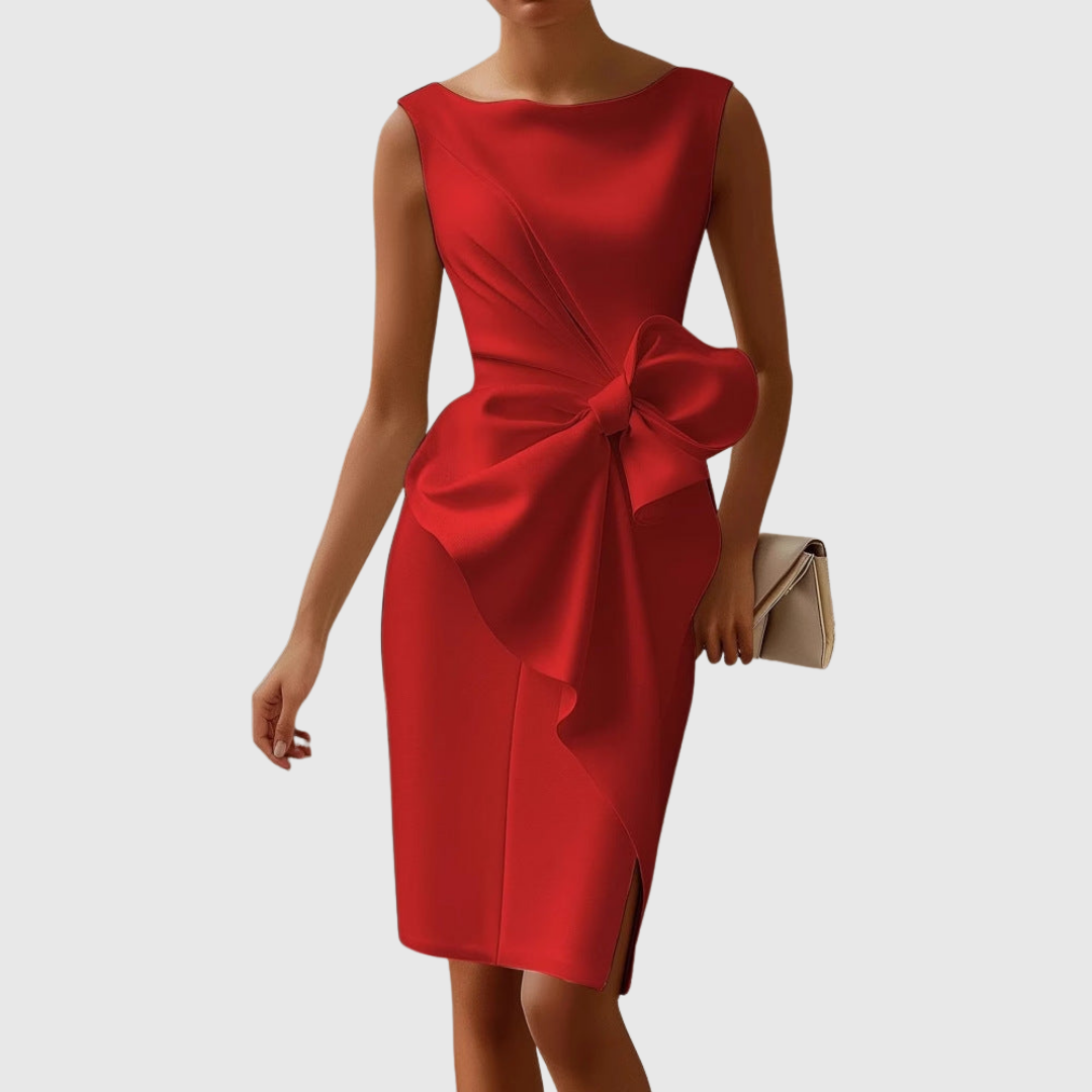 Elegant Red Satin Midi Dress for Women with Wedding Guest Dress Style