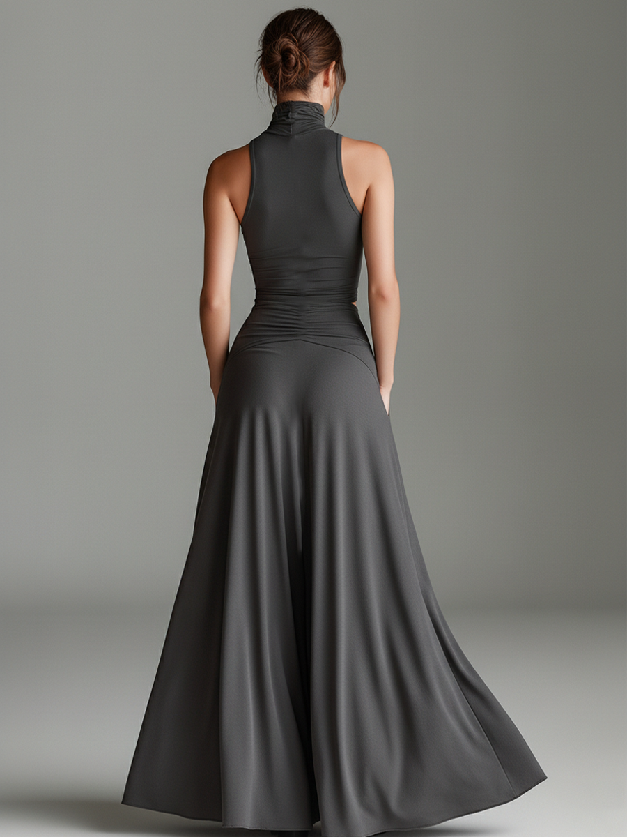 Elegant Gray Maxi Dress for Women with Turtleneck Halter Wedding Guest Dress Style