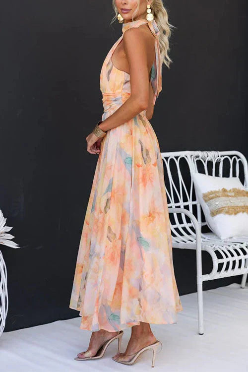 Elegant Floral Halter Maxi Dress for Women with Wedding Guest Dress Style