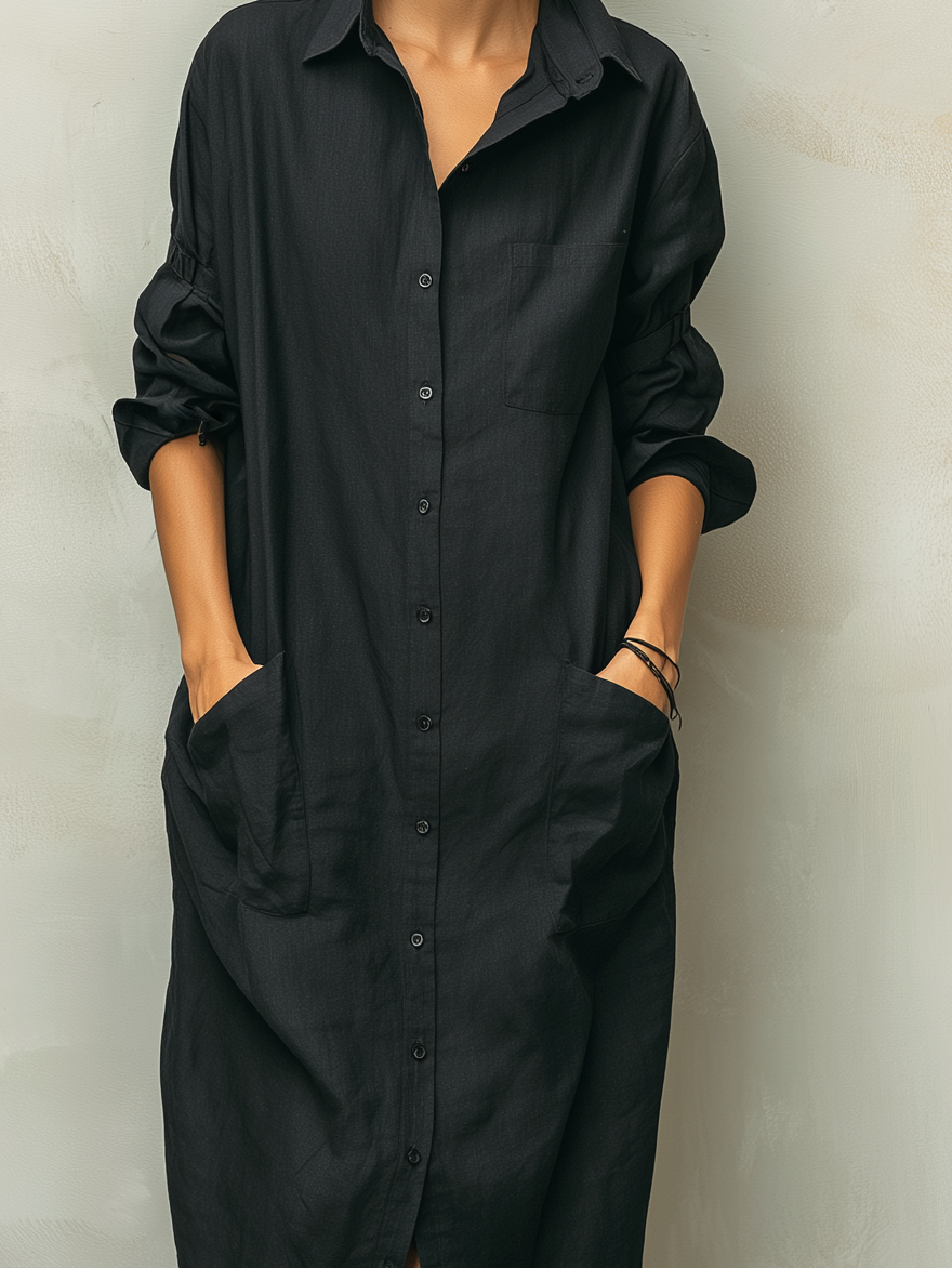 Effortless Black Shirt Dress for Women with Collared Neck Style