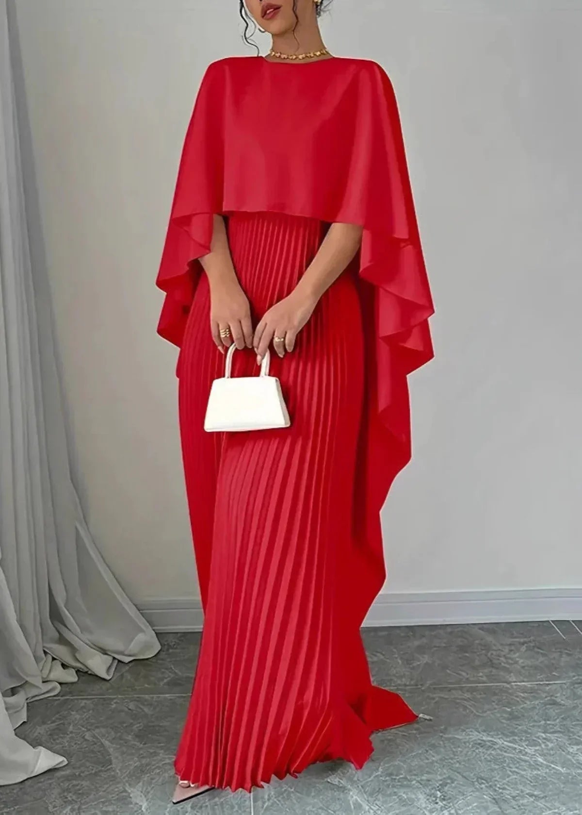 Elegant Red Pleated Maxi Dress for Women with Round Neck Wedding Guest Dress Style