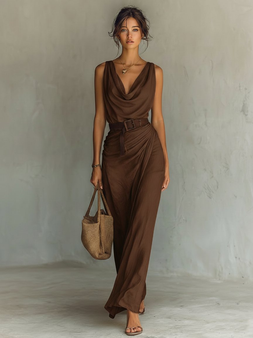 Elegant Brown Maxi Dress for Women with Cowl Neck Style