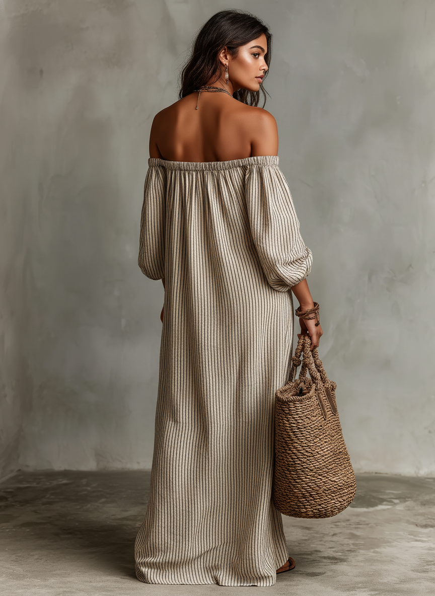 Effortless Striped Linen Maxi Dress for Women with Off Shoulder Style