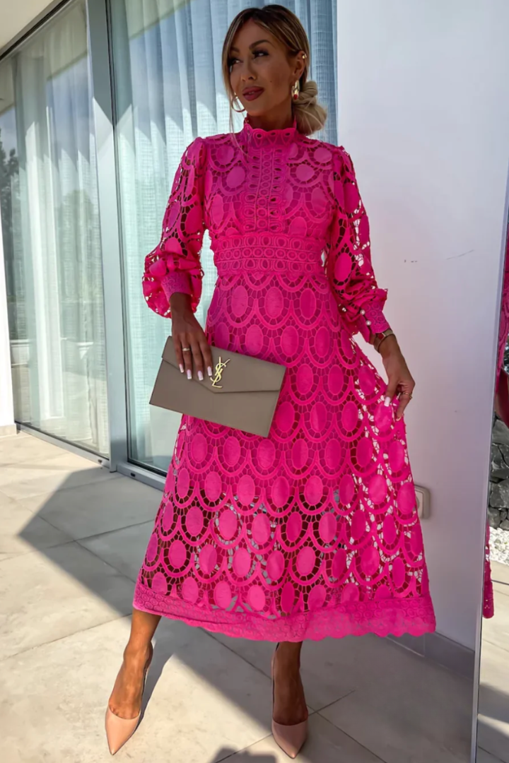 Rose Lace Wedding Guest Midi Dress