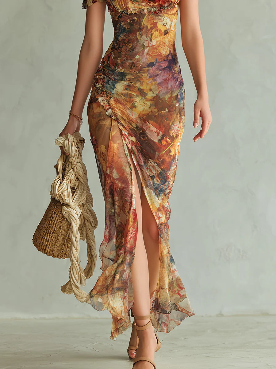 Orange Floral Wedding Guest Maxi Dress
