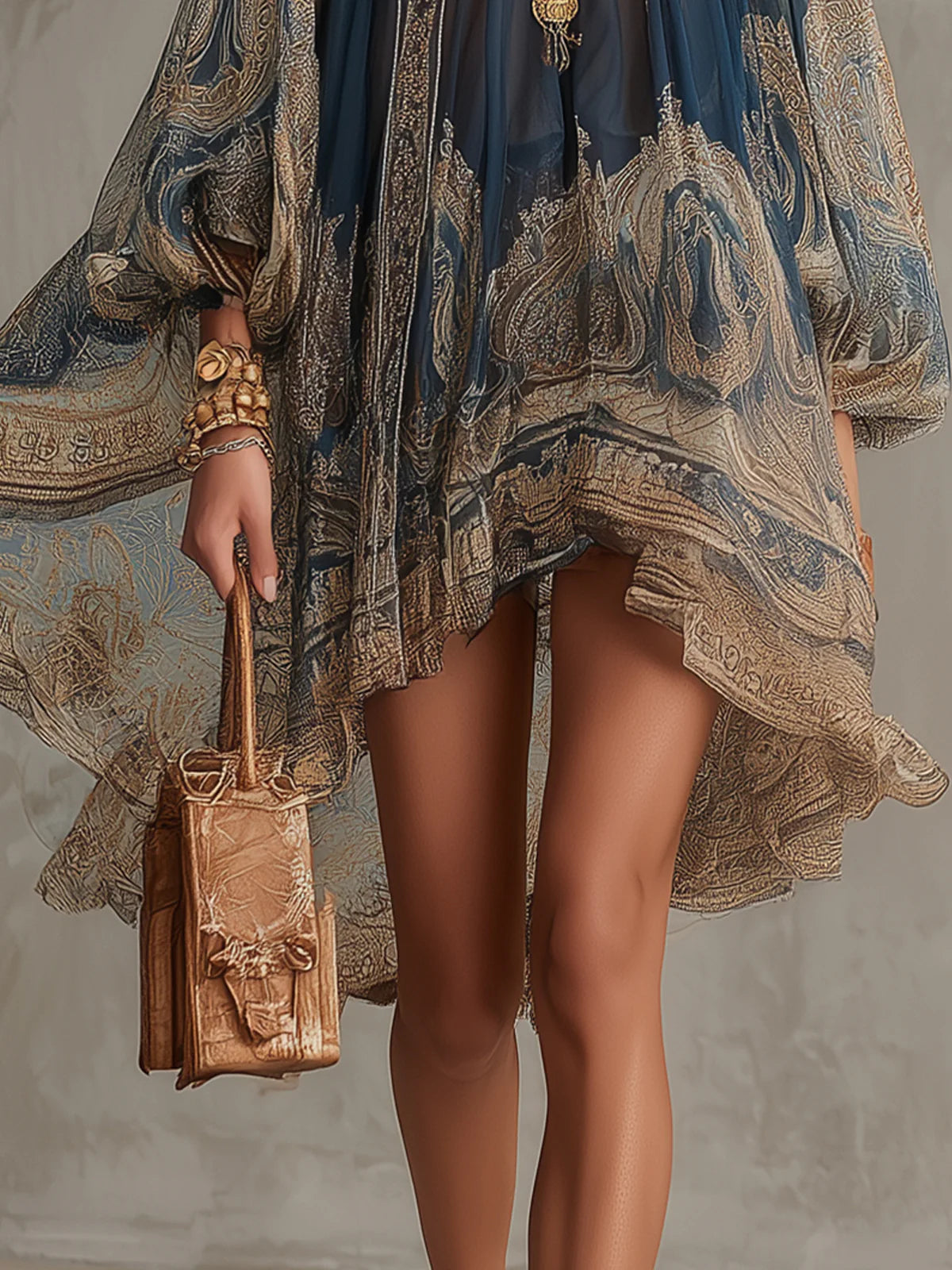 Effortless Baroque Print Chiffon Dress for Women with Flowy Sleeve Style