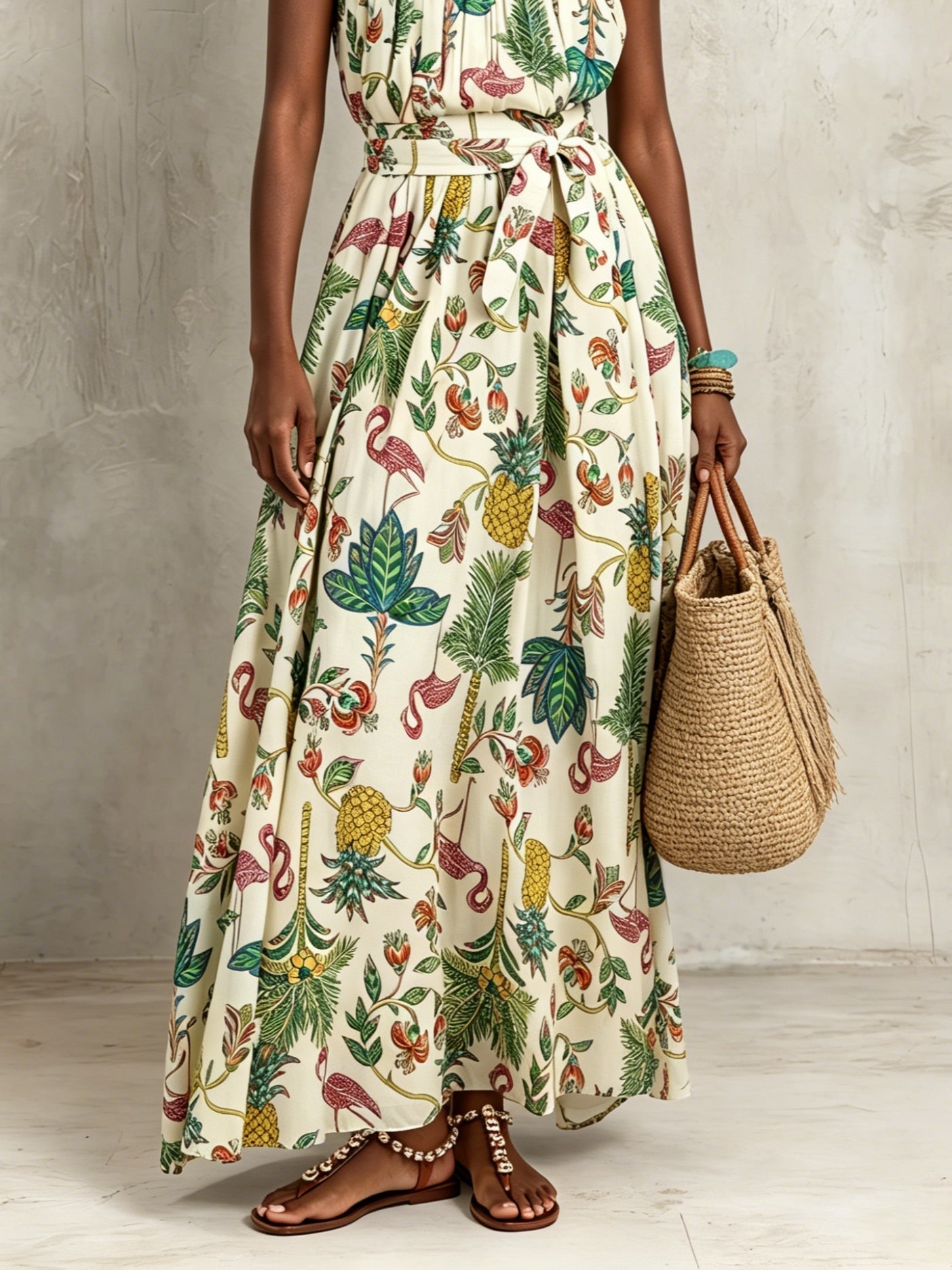 Floral Sleeveless Maxi Dress with Tie Waist