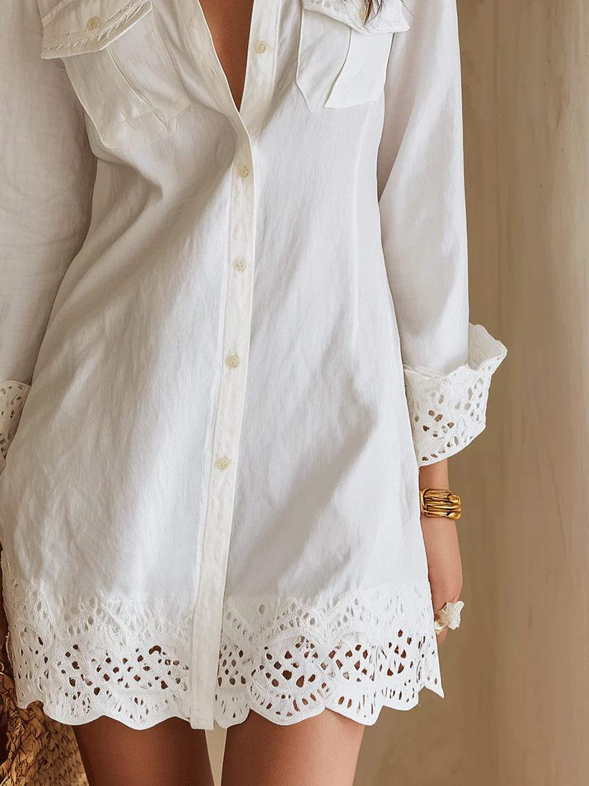 White Shirt Mini Dress with Lace Hem