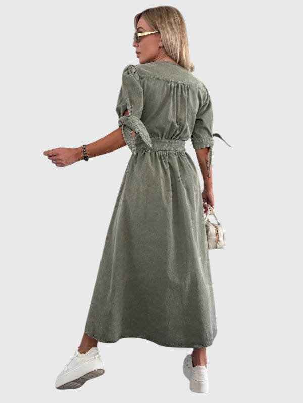 Effortless Denim Midi Dress for Women with V Neck Style