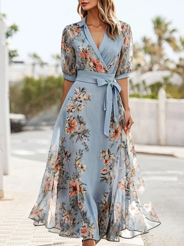 Blue Floral Wrap Midi Dress