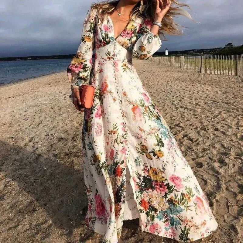 Effortless White Floral Maxi Dress for Women with V Neck Style