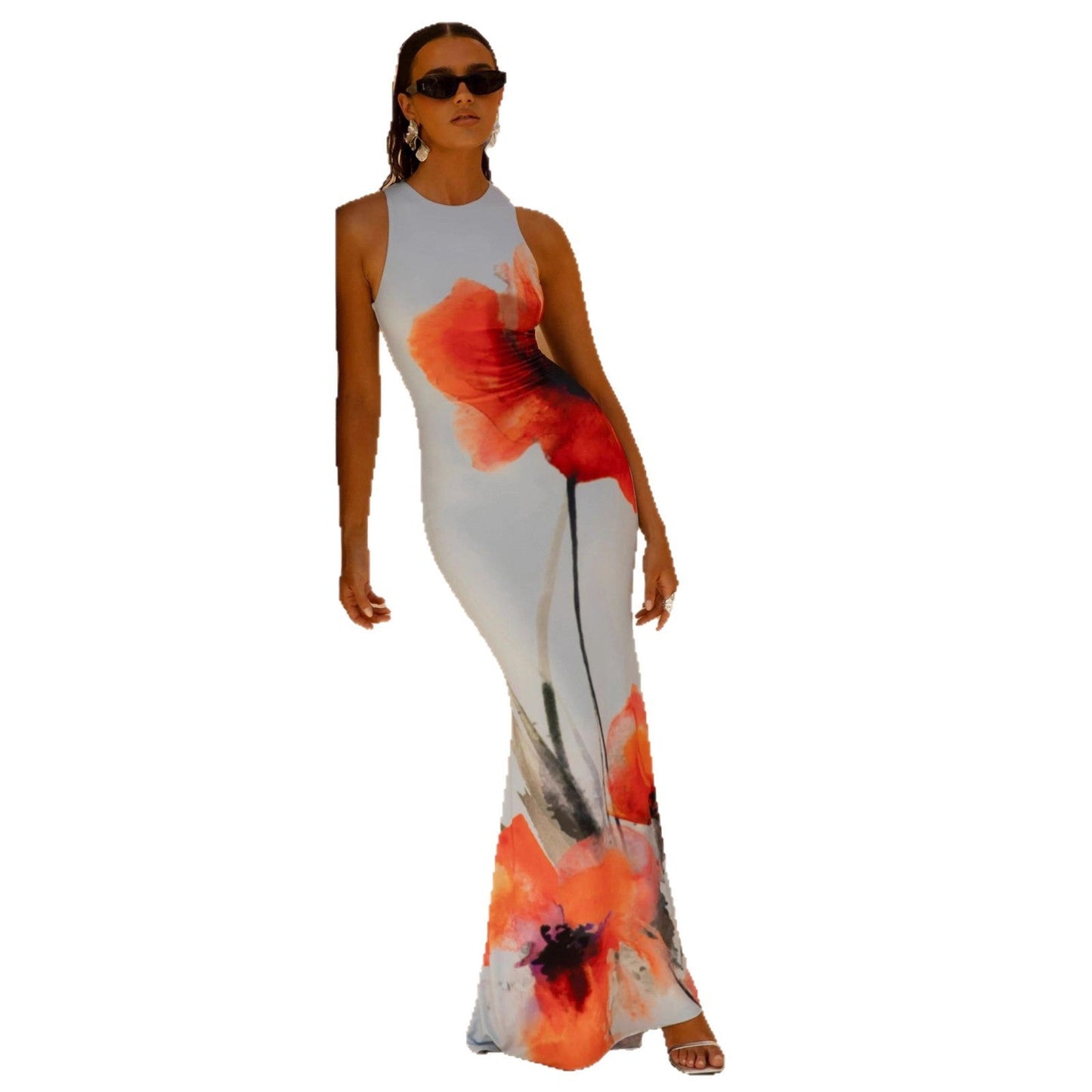 Abstract Print Maxi Dress with Fitted Silhouette