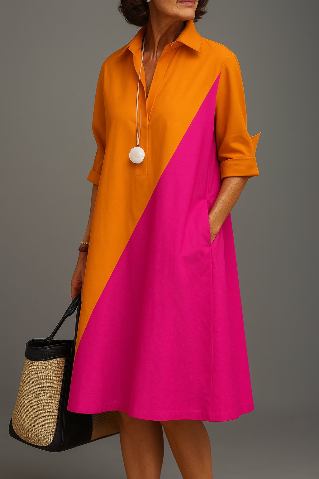 Effortless Colorblock Shirt Dress for Women with Elbow Sleeve Style