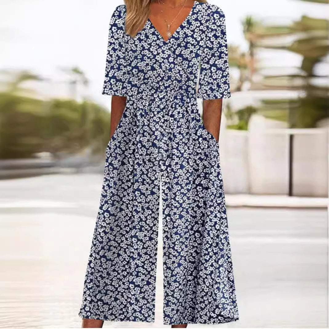 Navy Blue Printed Wide Leg Jumpsuit