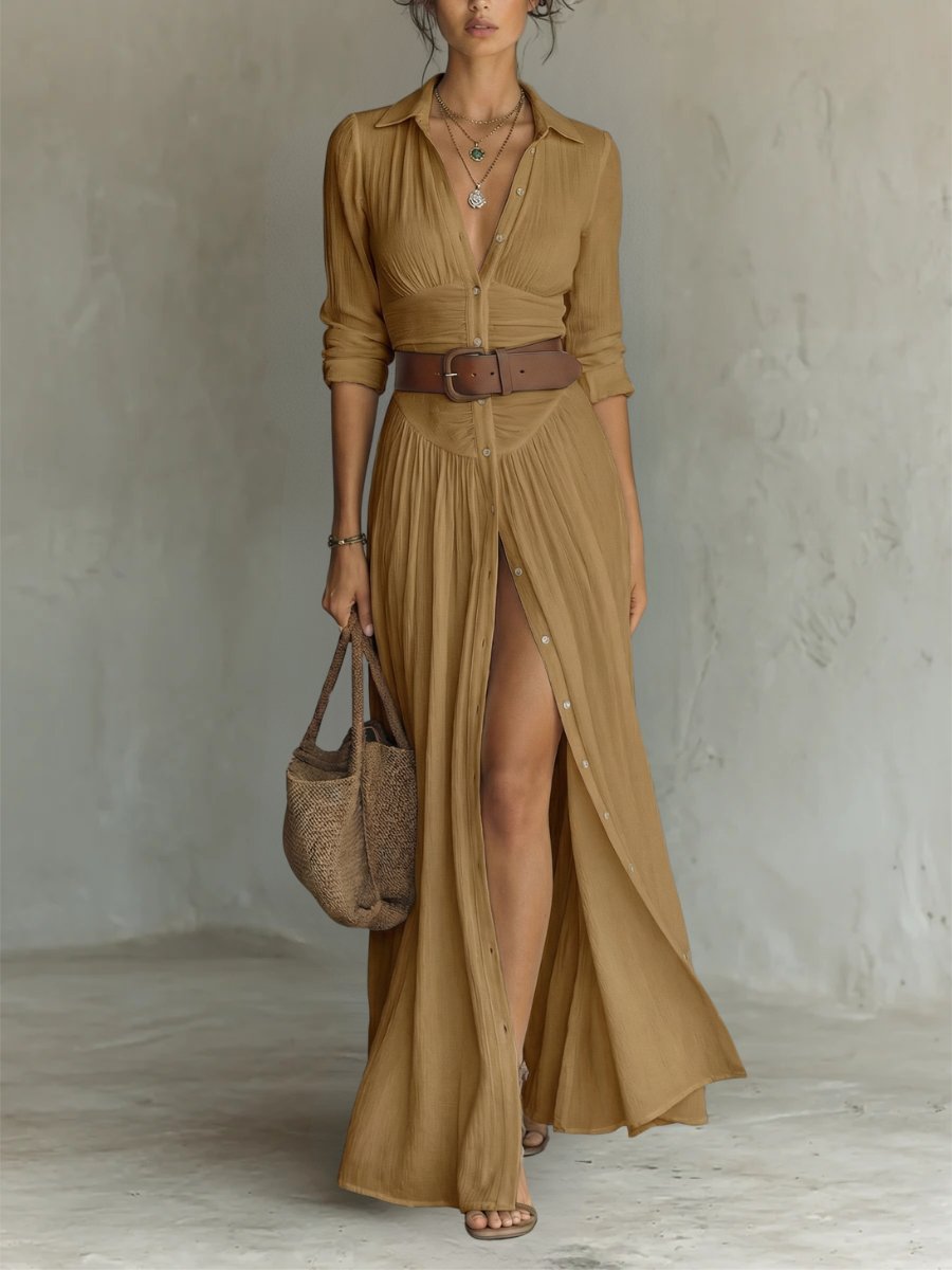 Belted Maxi Dress with High Slit
