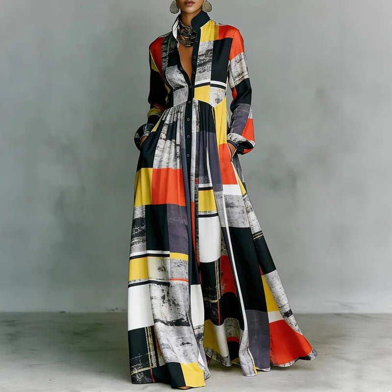 Effortless Printed Maxi Dress for Women with Stand Collar Style