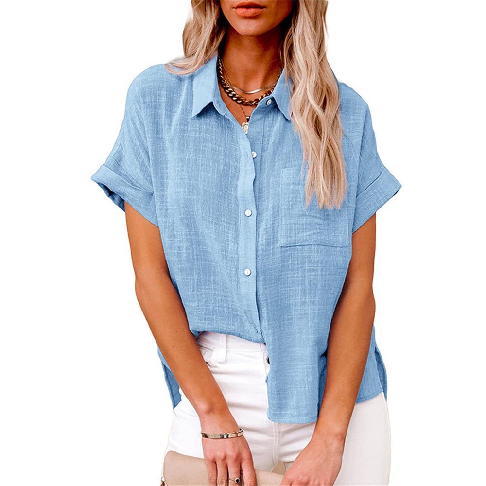 Relaxed Button Down Blouse with Short Sleeves