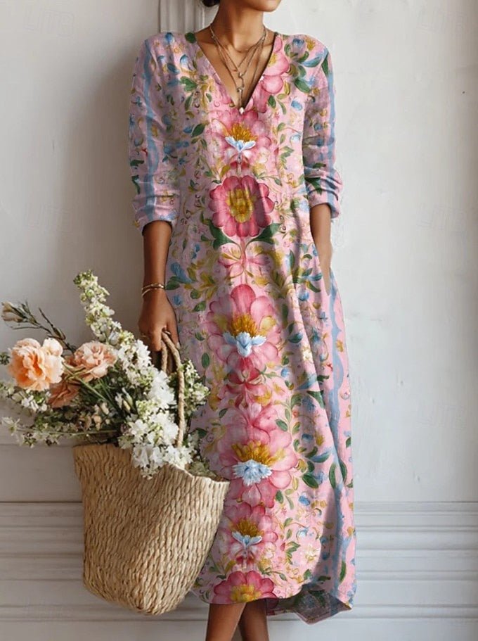 Floral V Neck Midi Dress
