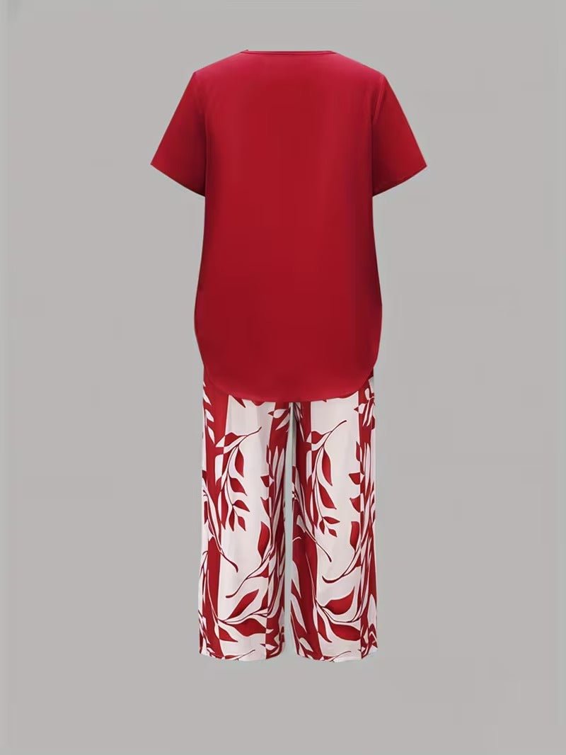 Short Sleeve Two Piece Set with Printed Pants