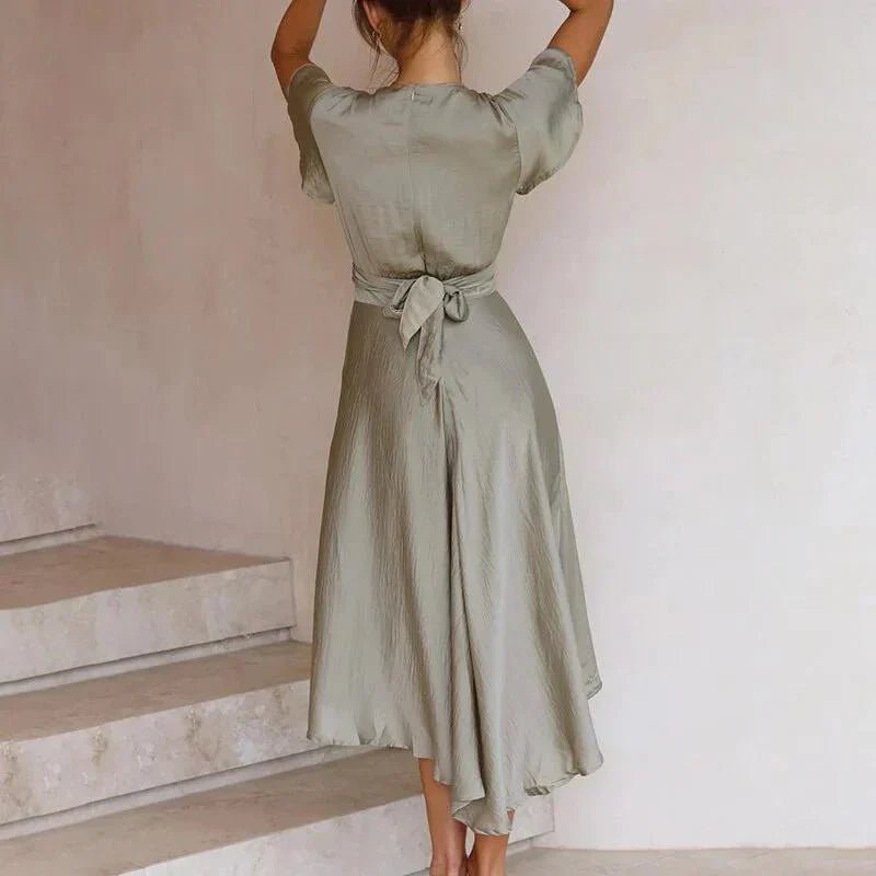 Pink Flowy Midi Dress with Tie Front