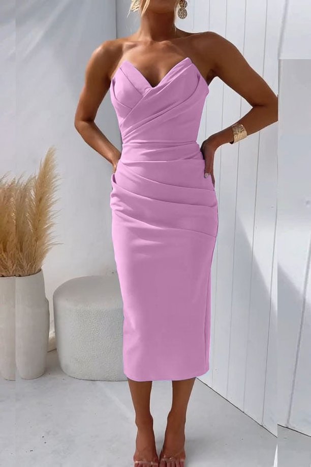Ruched Strapless Midi Dress with Wrap Front