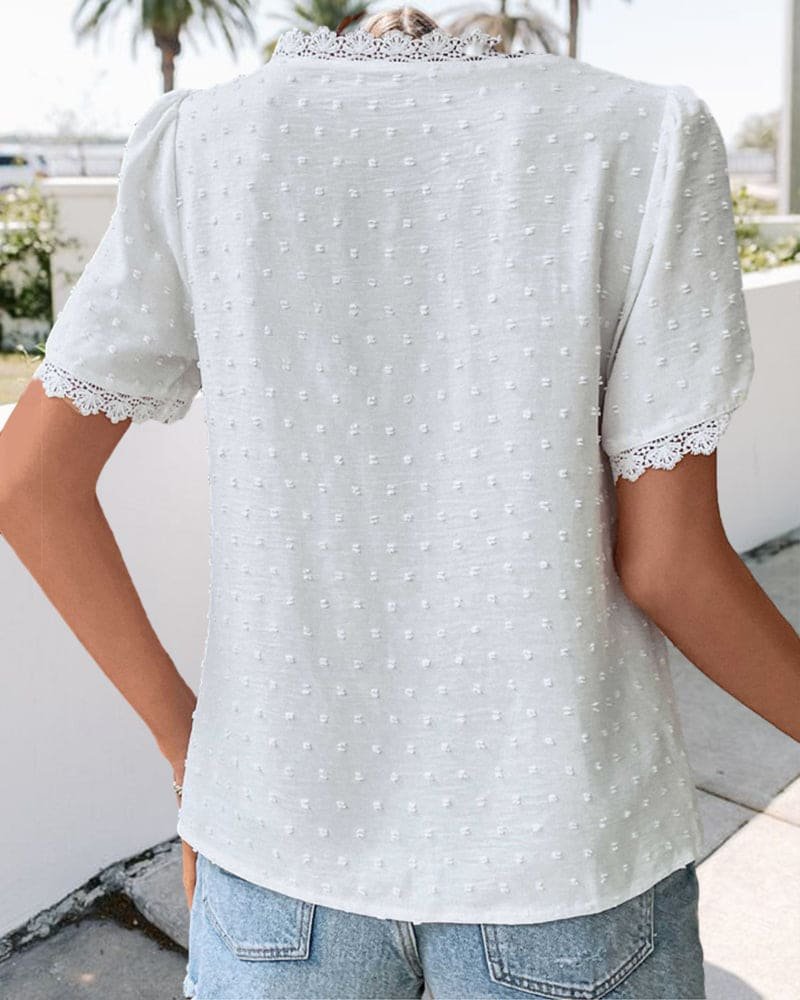 White Textured V Neck Blouse