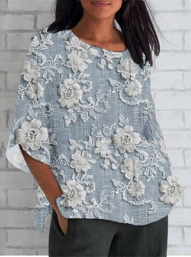 Textured Floral Blouse with Short Sleeves