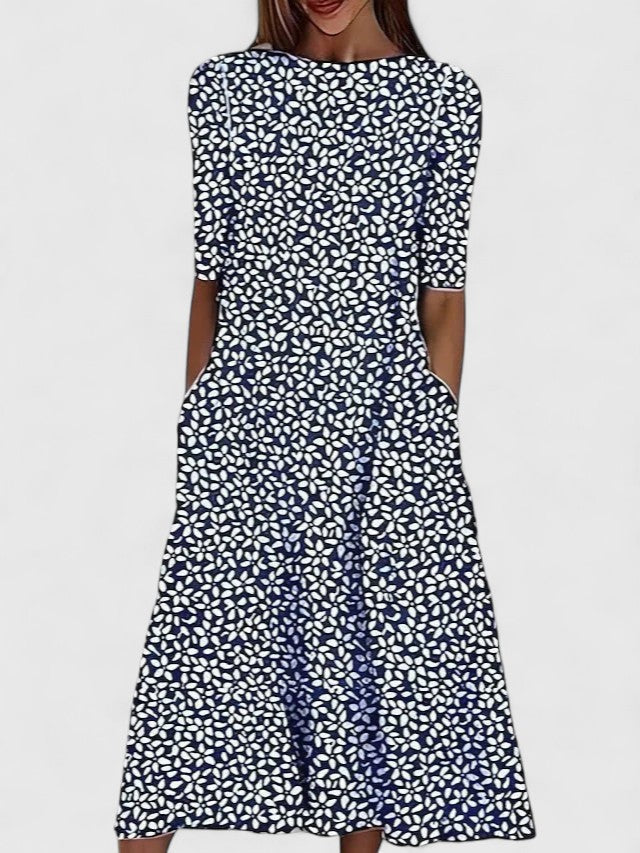Printed Midi Dress with Puff Sleeves