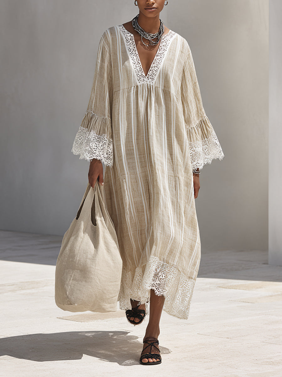 Beige Boho Maxi Dress with Lace Sleeves