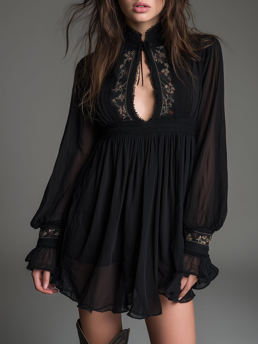 Black Lace Mini Dress with Long Sleeves