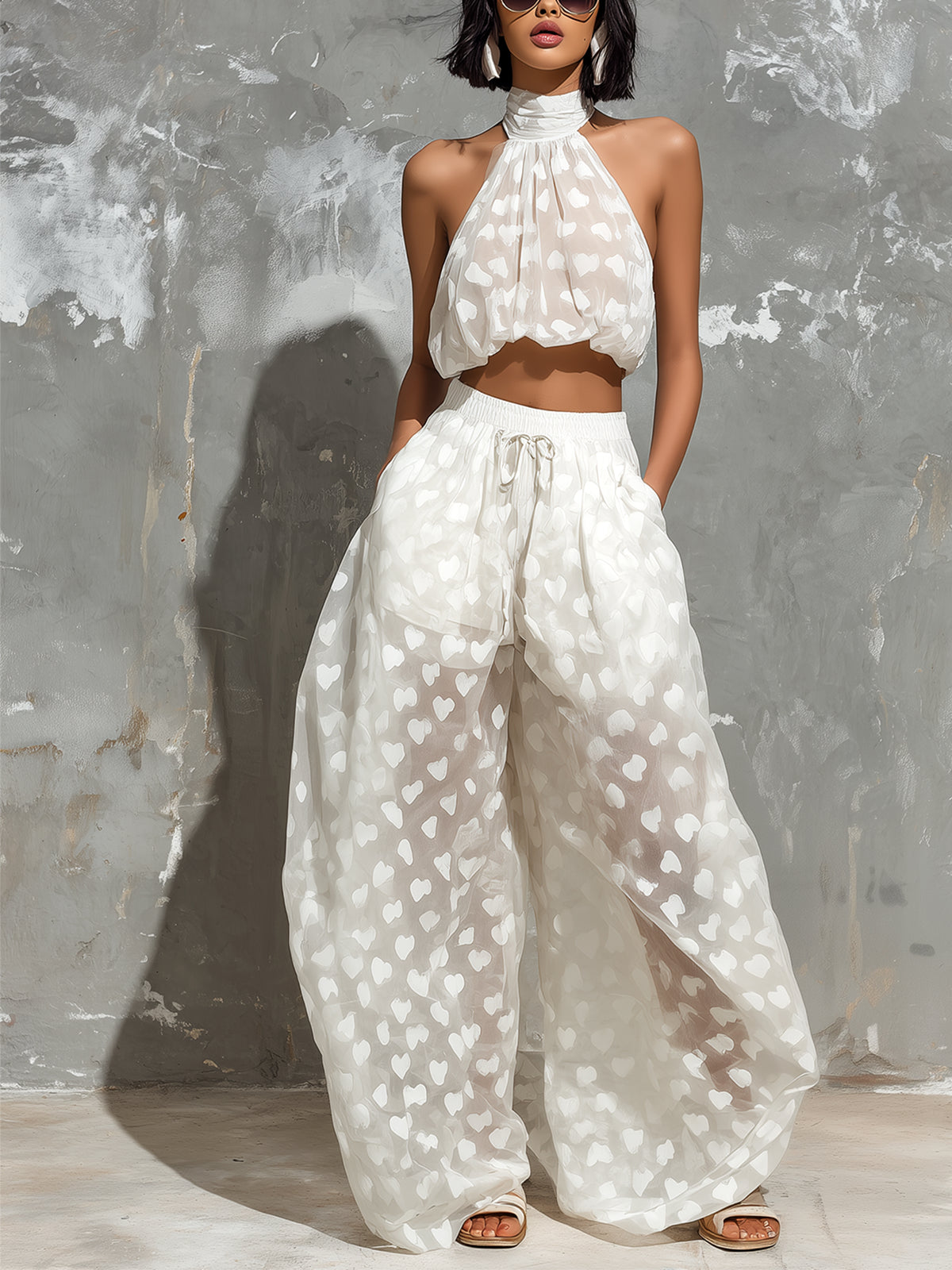White Halter Two Piece Set with Wide Leg Pants