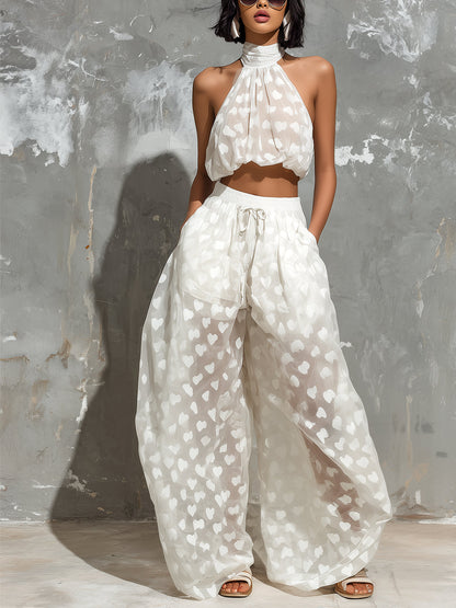 White Halter Two Piece Set with Wide Leg Pants