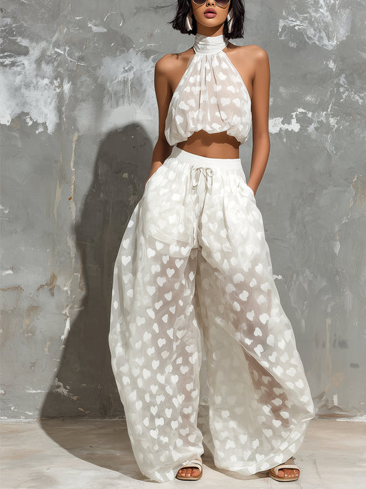 Elegant White Two Piece Set for Women with Halter Crop Top Wide Leg Pants Flowing Style