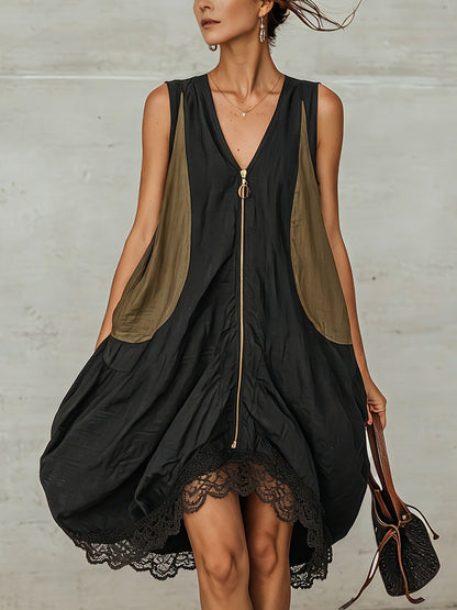 Black Sleeveless Mini Dress with Lace Hem