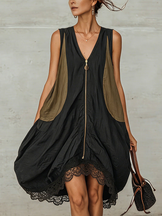 Effortless Black Midi Dress for Women with V Neck Sleeveless Zip Front Lace Hem Relaxed Style