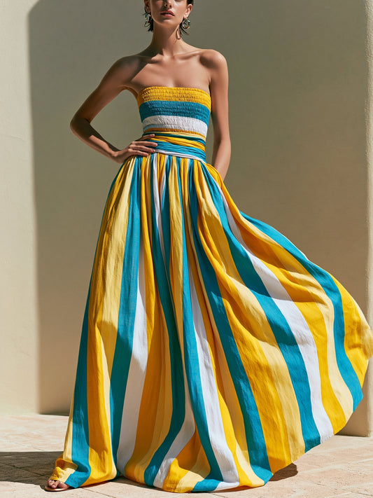Yellow Striped Strapless Maxi Dress