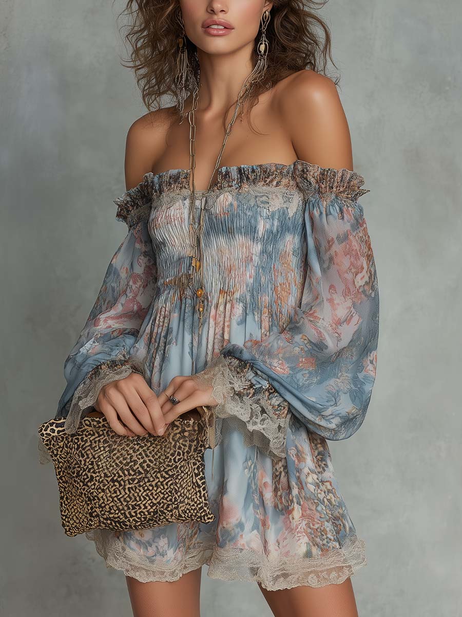 Effortless Blue Floral Mini Dress for Women with Off Shoulder Style