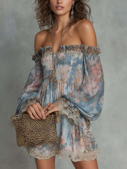 Effortless Blue Floral Mini Dress for Women with Off Shoulder Style
