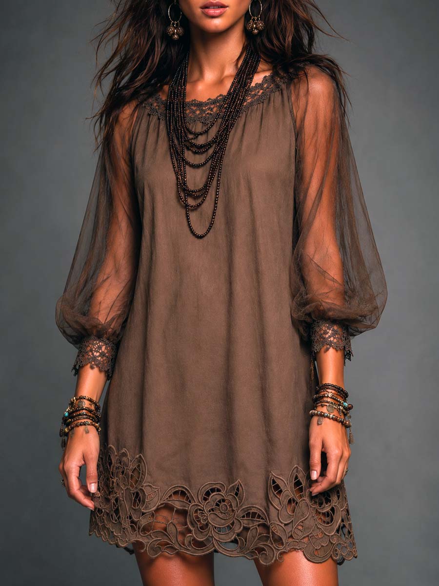 Brown Sheer Sleeve Mini Dress with Lace Hem
