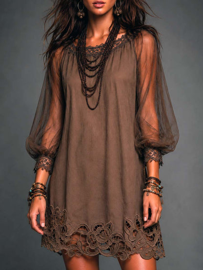 Brown Sheer Sleeve Mini Dress with Lace Hem