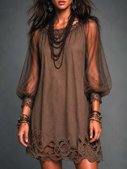 Brown Sheer Sleeve Mini Dress with Lace Hem