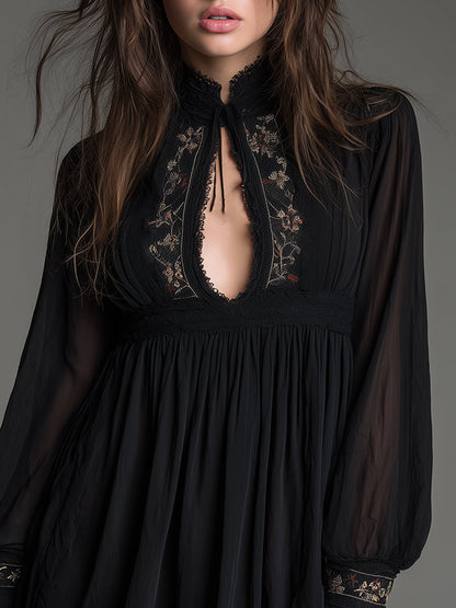 Black Lace Mini Dress with Long Sleeves