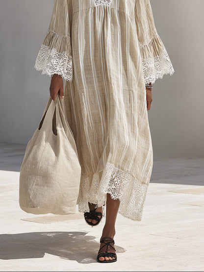 Beige Boho Maxi Dress with Lace Sleeves