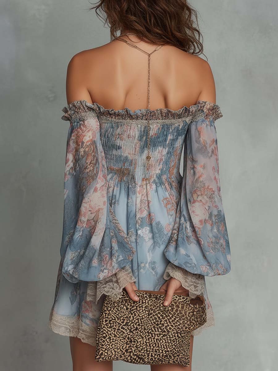 Effortless Blue Floral Mini Dress for Women with Off Shoulder Style