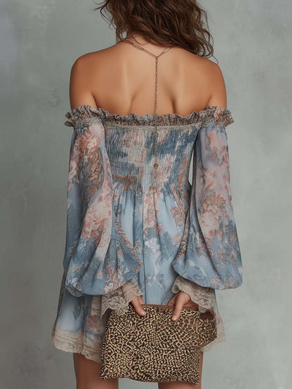 Effortless Blue Floral Mini Dress for Women with Off Shoulder Style