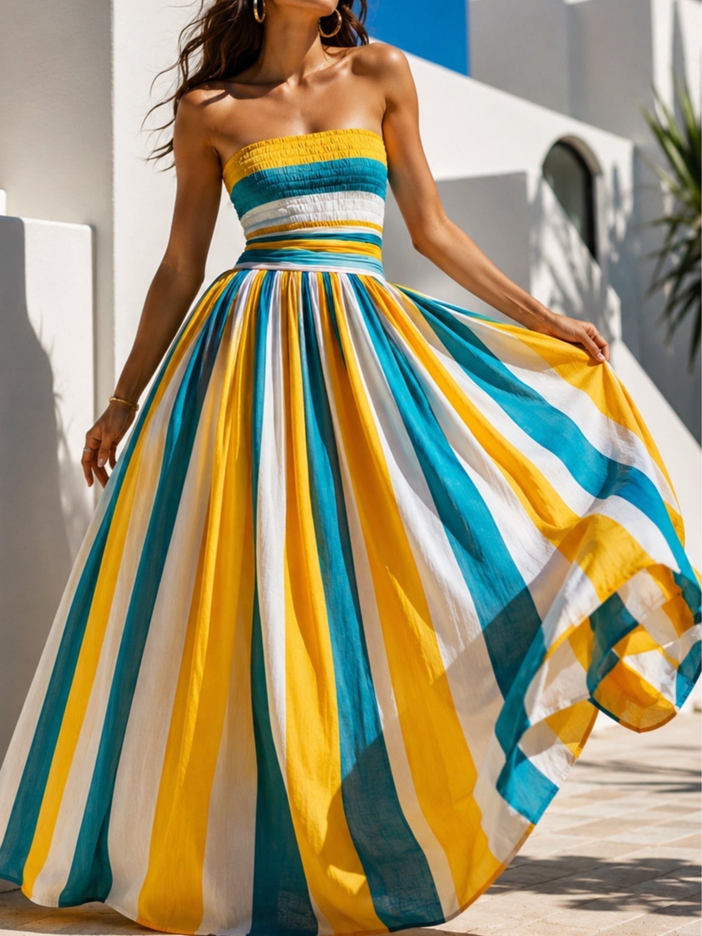Yellow Striped Strapless Maxi Dress