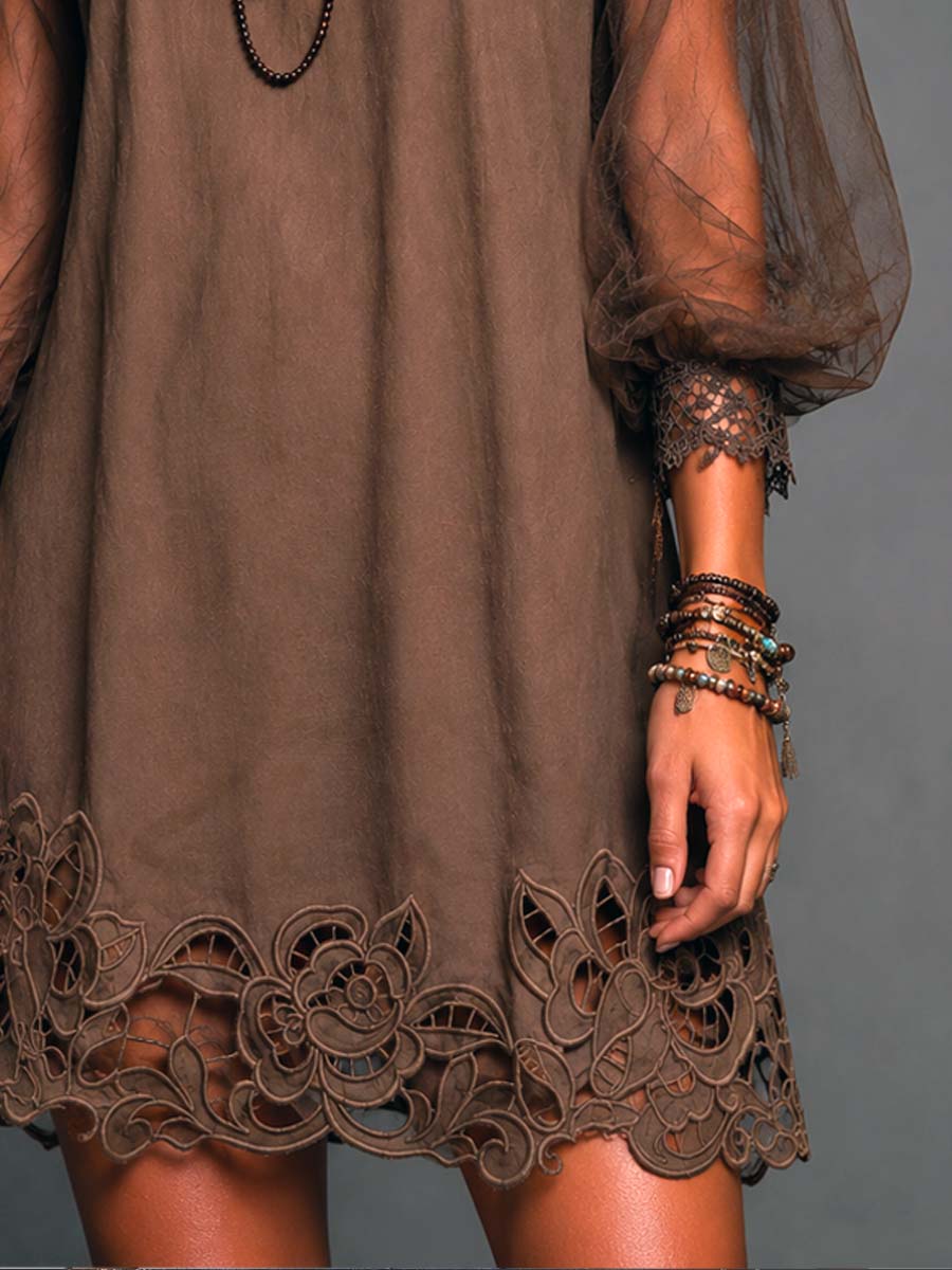 Brown Sheer Sleeve Mini Dress with Lace Hem