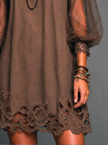 Brown Sheer Sleeve Mini Dress with Lace Hem